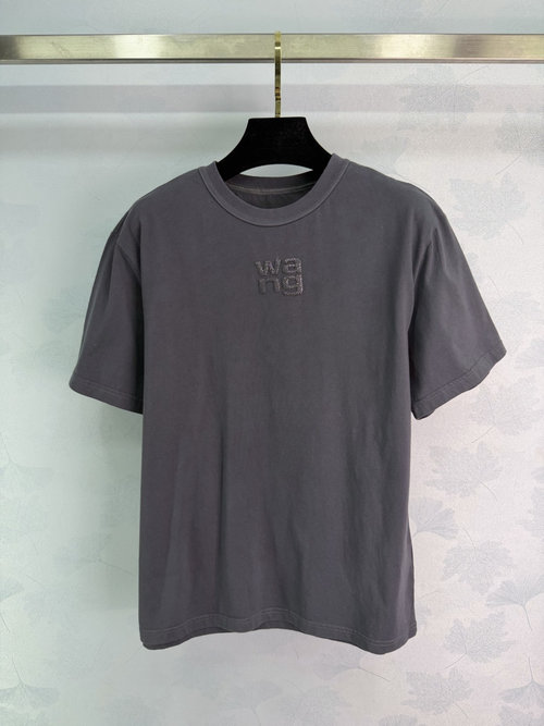 Alexander Wang Gray Pure Cotton Tee with Elegant Rhinestone Logo