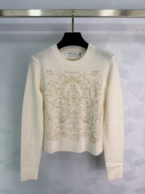 Dior Elegant Cream White Cashmere Sweater with Gold Embroidery