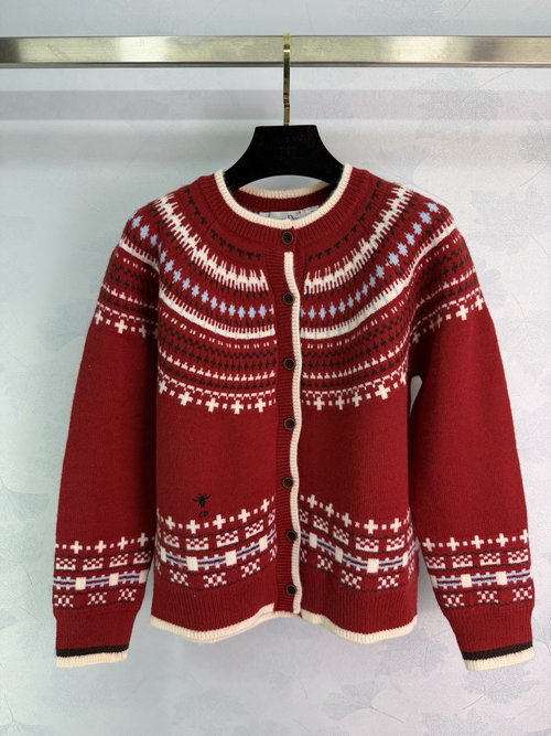 Dior Versatile Red Fair Isle Jacquard Knit Cardigan with Soft Touch