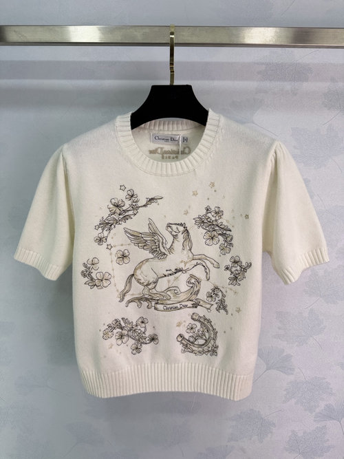 Dior Embroidered Cashmere Short-Sleeve with Horse & Floral