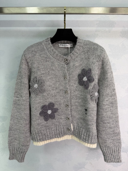 Dior Customized Wool Knit Cardigan with Floral Hook and Bee Embroideries