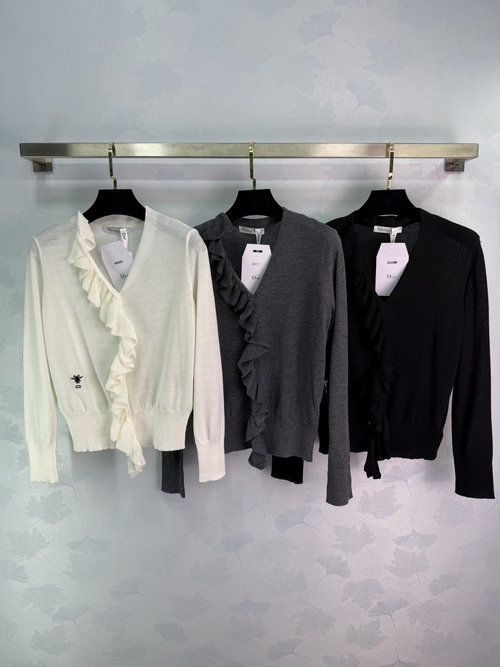 Dior Ruffled Edge V-Neck Knit Cardigan, Elegant Look