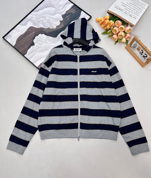 Miu Miu Classic Stripe Zip-up Hoodie with Mini Logo in Soft Blend Fabric