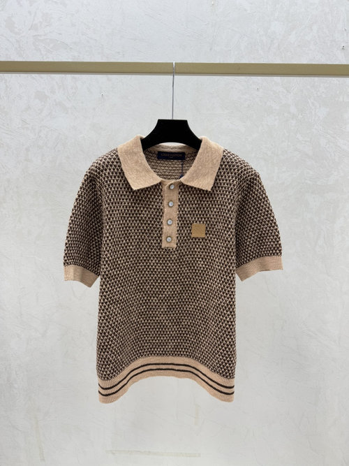 Louis Vuitton Khaki Contrast Collar Knit Short Sleeve