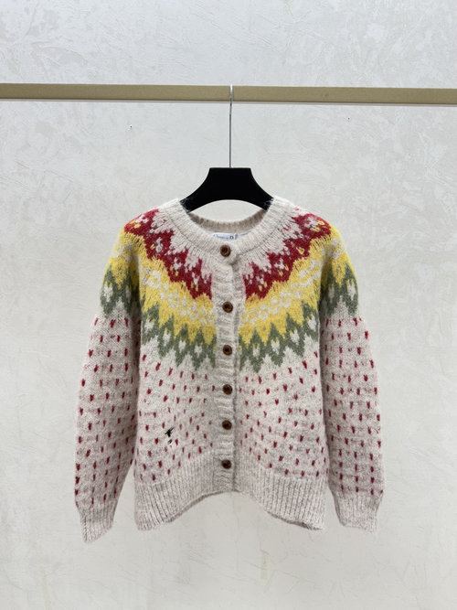 Dior White Knitted Round-Neck Cardigan with Color Block & Rhombus