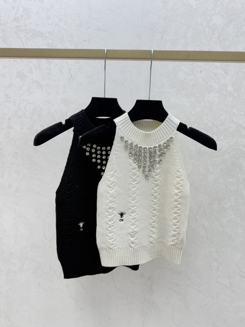 Dior Solid Color Beaded Round Neck Knit Sling Vest