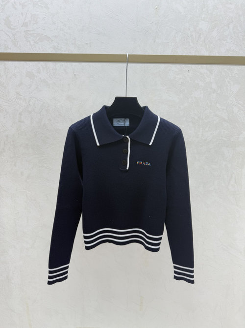 Prada Sapphire Blue Contrast Stripe Collared Knitwear