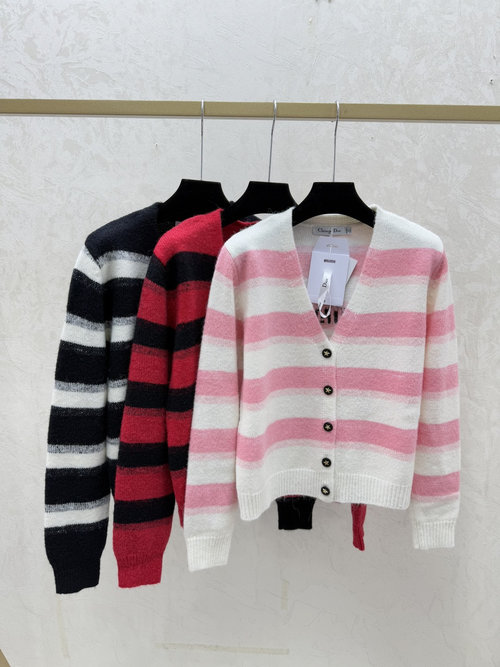 Dior Contrast Color Striped Open Cardigan with Star and Letter in Pink, Red, Black