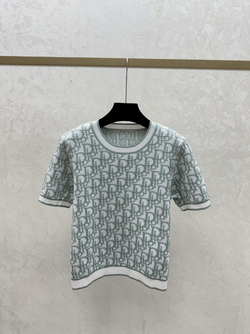 Dior Contrast Floral Letter Round Neck Knit Short Sleeve in Green