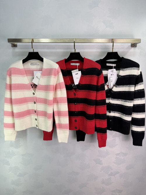 Dior Striped V-neck Button Knit Cardigan, Classic Style