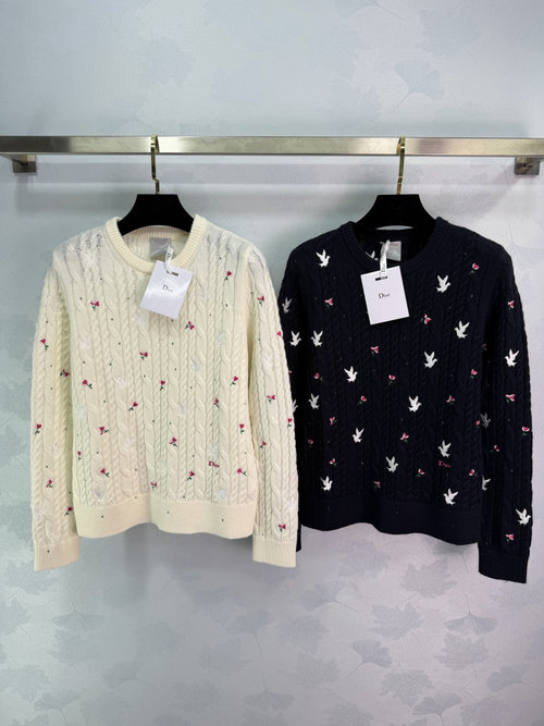 Dior Cashmere Blend Knit Sweater with Floral Embroidery