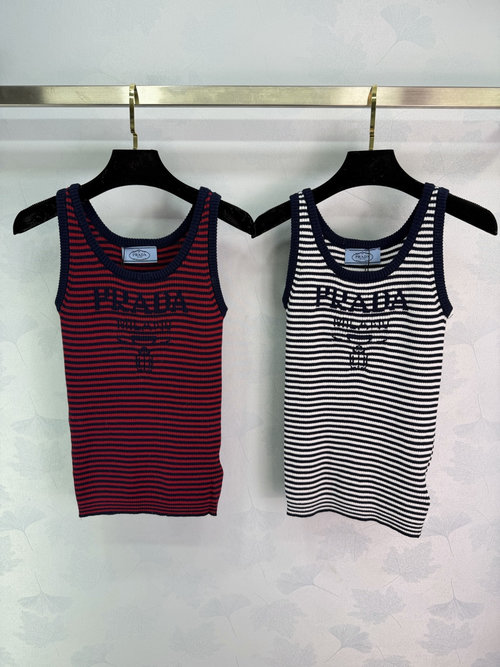 Prada Striped Knit Vest with Classic Logo, Cotton Blend