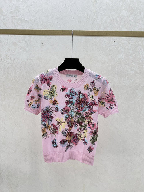 Dior Pink Color-Blocked Butterfly Embroidery Knit Short-Sleeved Top