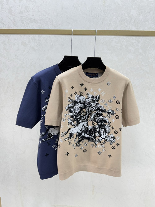 Louis Vuitton Checked Pony Vintage Letter Round Neck Knitted Short Sleeve in Navy and Khaki