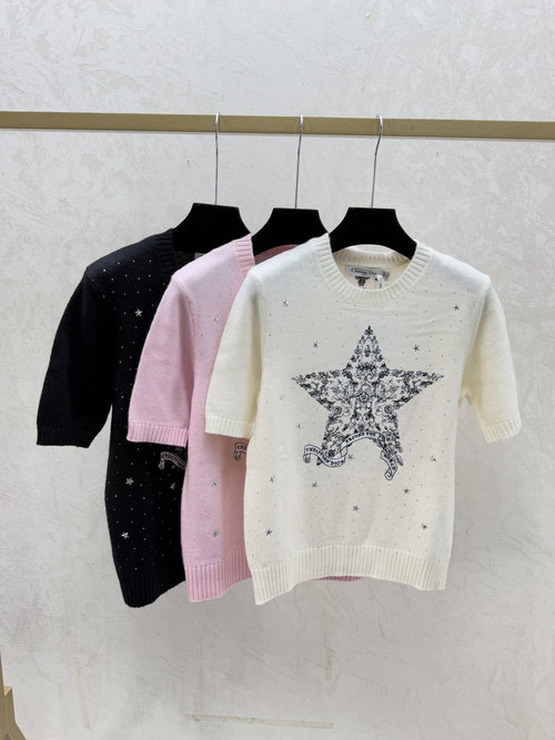 Dior Checked Star Letter Embroidery Round Neck Knitted Short Sleeve in White, Pink and Black