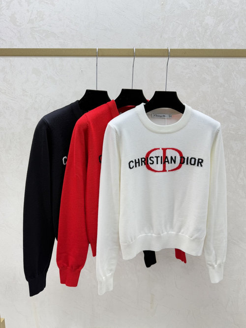 Dior Contrasting Letter Jacquard Round-Neck Long-Sleeve Knit in White, Red, Black