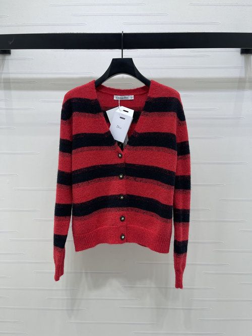 Dior Premium V-neck Striped Knit Cardigan with Star Buttons