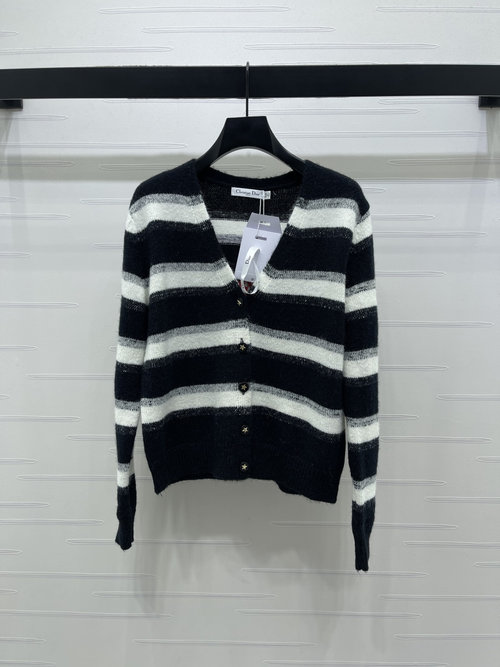 Dior Premium V-neck Striped Knit Cardigan with Star Buttons