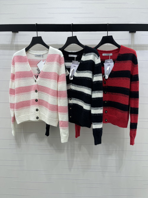 Dior Premium V-neck Striped Knit Cardigan with Star Buttons