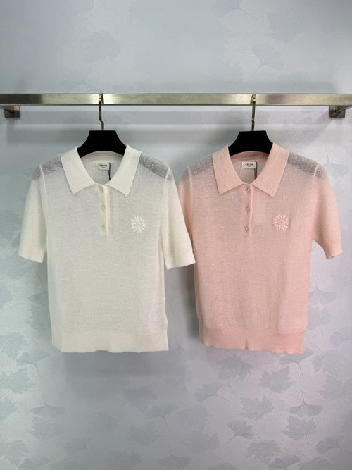 Celine Short Sleeve Knit Polo Shirt with Floral Design