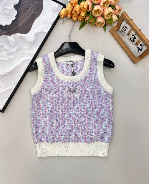 Chanel Round-Neck Sequined Knit Vest with Bow and Floral Decor