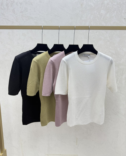 Dior Graceful Pure Color Round Neck Knit Short Sleeve in White, Pink, Green & Black