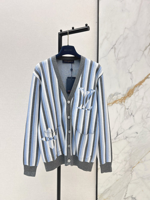 Louis Vuitton Stripe Knit V-neck Cardigan with LV Logo