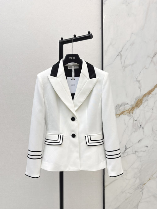 Dior Black and White Striped Embroidered Collared Suit Jacket
