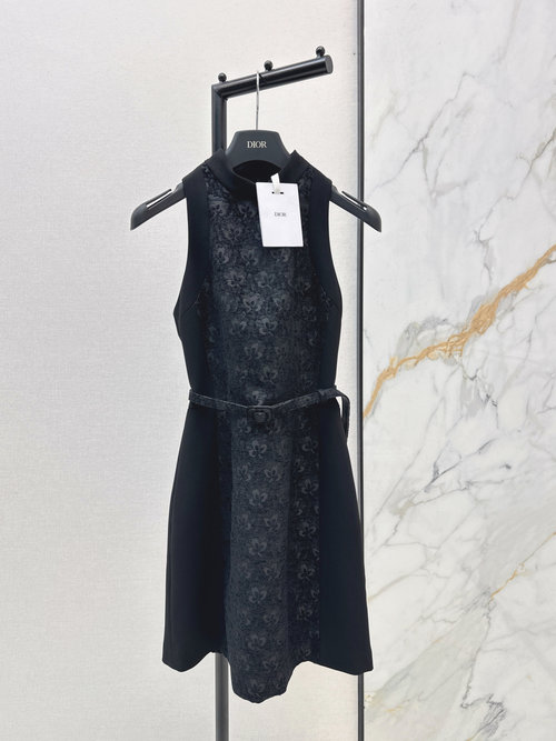 Dior Relief Jacquard Belted Dress with Four-leaf Clover Pattern