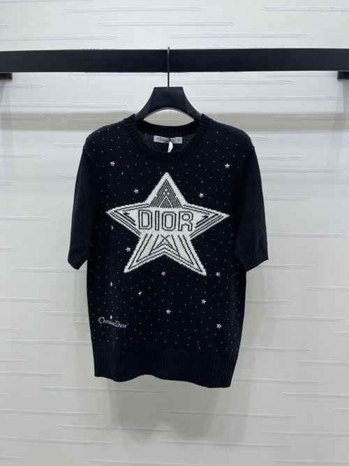 Dior Stylish Contrast Star Knit Short Sleeve with CD Logo Decoration