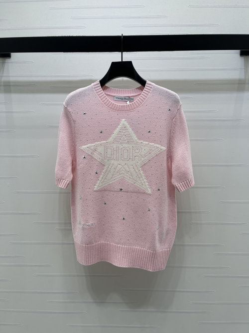 Dior Stylish Contrast Star Knit Short Sleeve with CD Logo Decoration