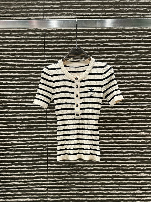 Dior New Striped Round - Neck Knit Short - Sleeve