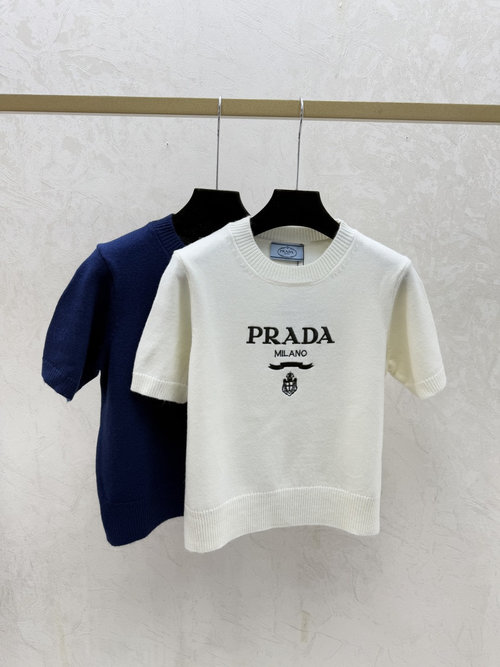 Prada White and Royal Blue Color-Blocked Letter Knit Short-Sleeved Top