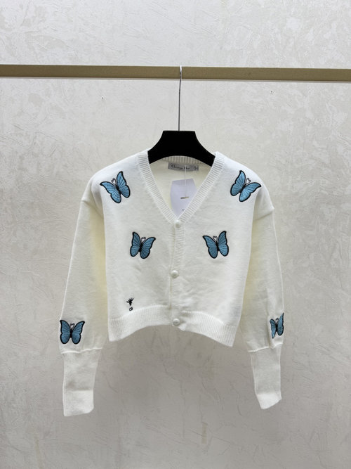 Dior White Contrasting Butterfly Embroidery V-neck Knit Long Sleeve Cardigan