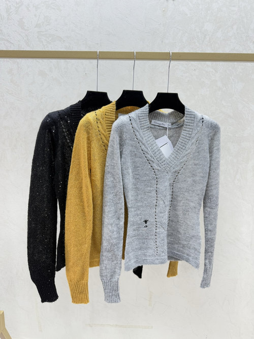 Dior Gray, Yellow and Black Solid Sequined V-Neck Knit Long-Sleeve