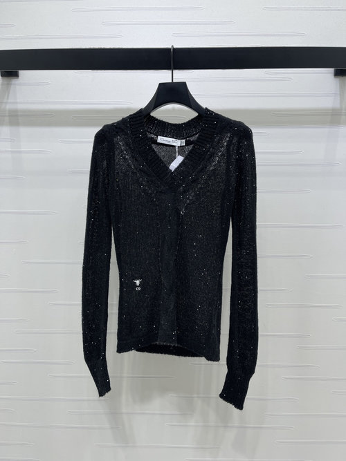 Dior Heart-Neck Knit Sweater with Bee Embroidery