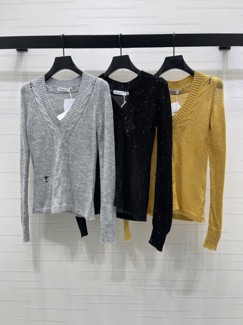 Dior Heart-Neck Knit Sweater with Bee Embroidery