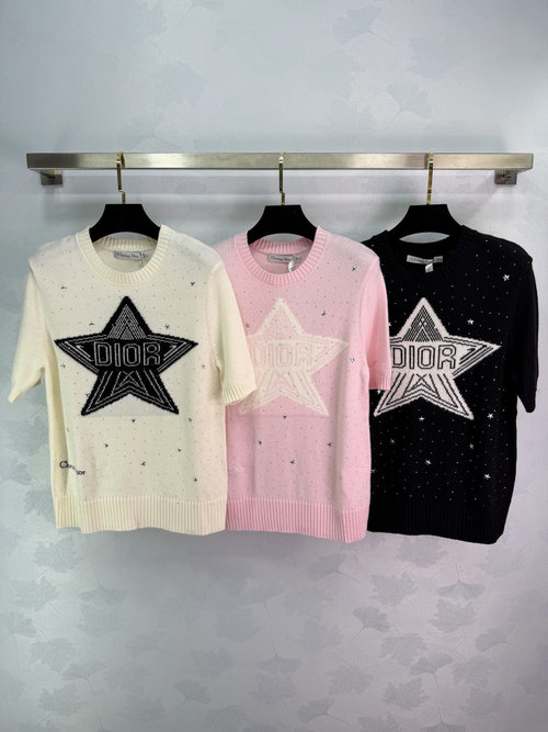 Dior Heavy-drilled Star Embroidery Knit Short Sleeve