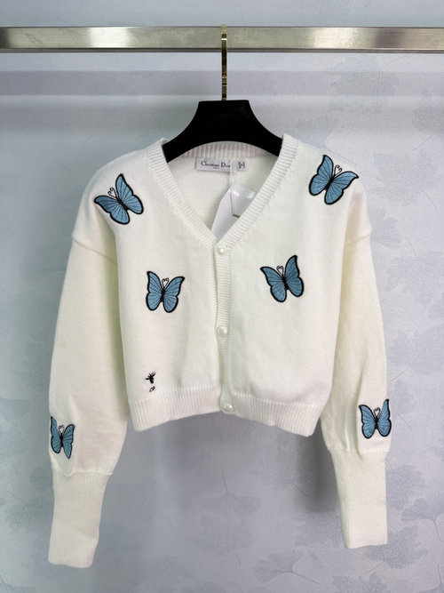 Dior White Knit Cardigan with Blue Butterfly Embroidery, Elegant Style