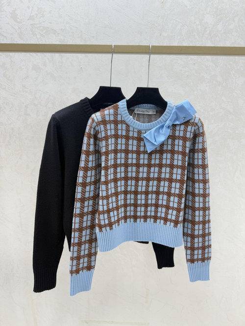 Dior Knit Long-sleeve with Collar Contrast Check Bow