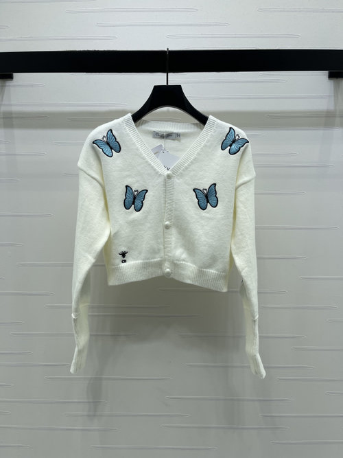 Dior V-Neck Knit Cardigan with Butterfly Embroidery