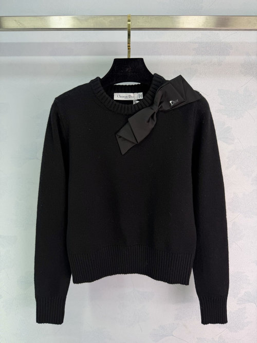 Dior Black Knit Sweater with Satin Bow, Elegant for Daily