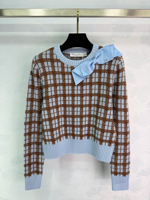 Dior Blue - Brown Checkered Knit Sweater with Blue Bow, Timeless
