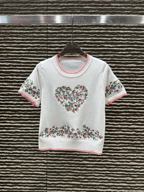 Dior Heavy-Duty Needle Embroidery Knit Short-Sleeved Top