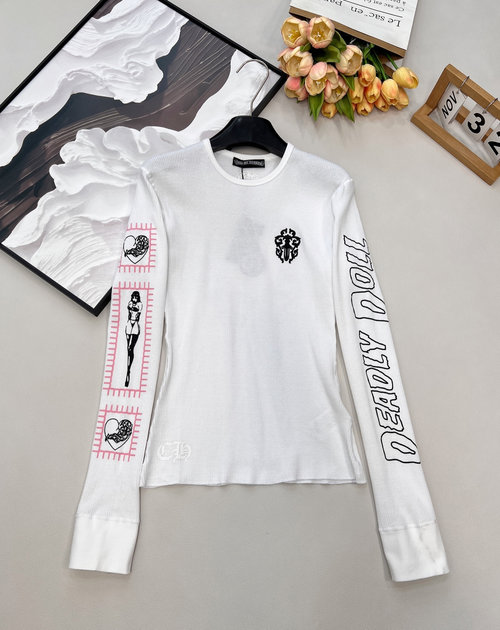 Chanel Crew Neck Long-Sleeve T-Shirt with Horsehoes and Sanskrit Prints
