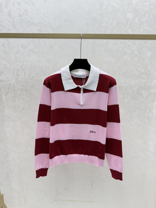 Dior Color-Blocked Striped Turn-Down Collar Knit Long Sleeve