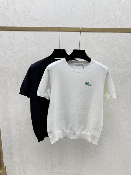 Dior White and Black Solid Round Neck Knit Short Sleeve