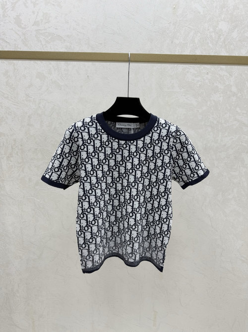 Dior Royal Blue Contrast Color Letter Studded Round Neck Knit