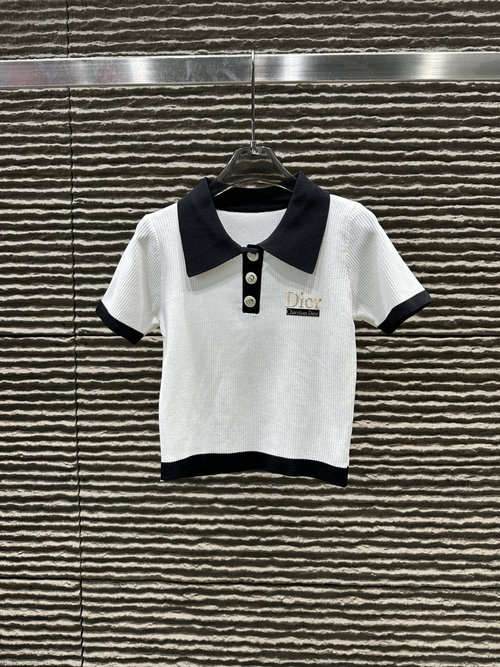 Dior Collared Crafty Curved Pearl Knit Short Sleeve