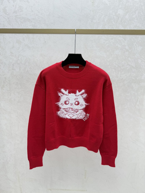 Dior Contrasting Kitten Jacquard Round Collar Red Knit Long-Sleeve